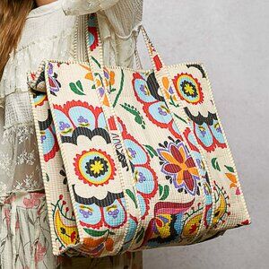 POL Cream Kantha quilted patchwork floral embroidered XL boho tote bag
